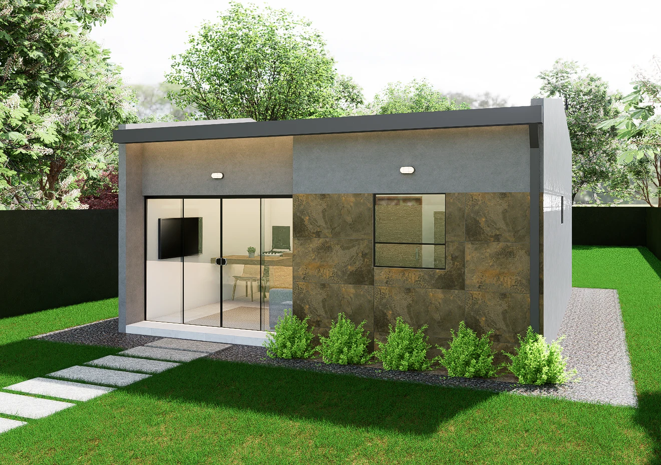 Fachada del prototipo 1, con acceso vidriado y jardín